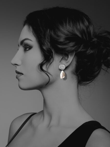 Assyrian Flower silver pearl earrings