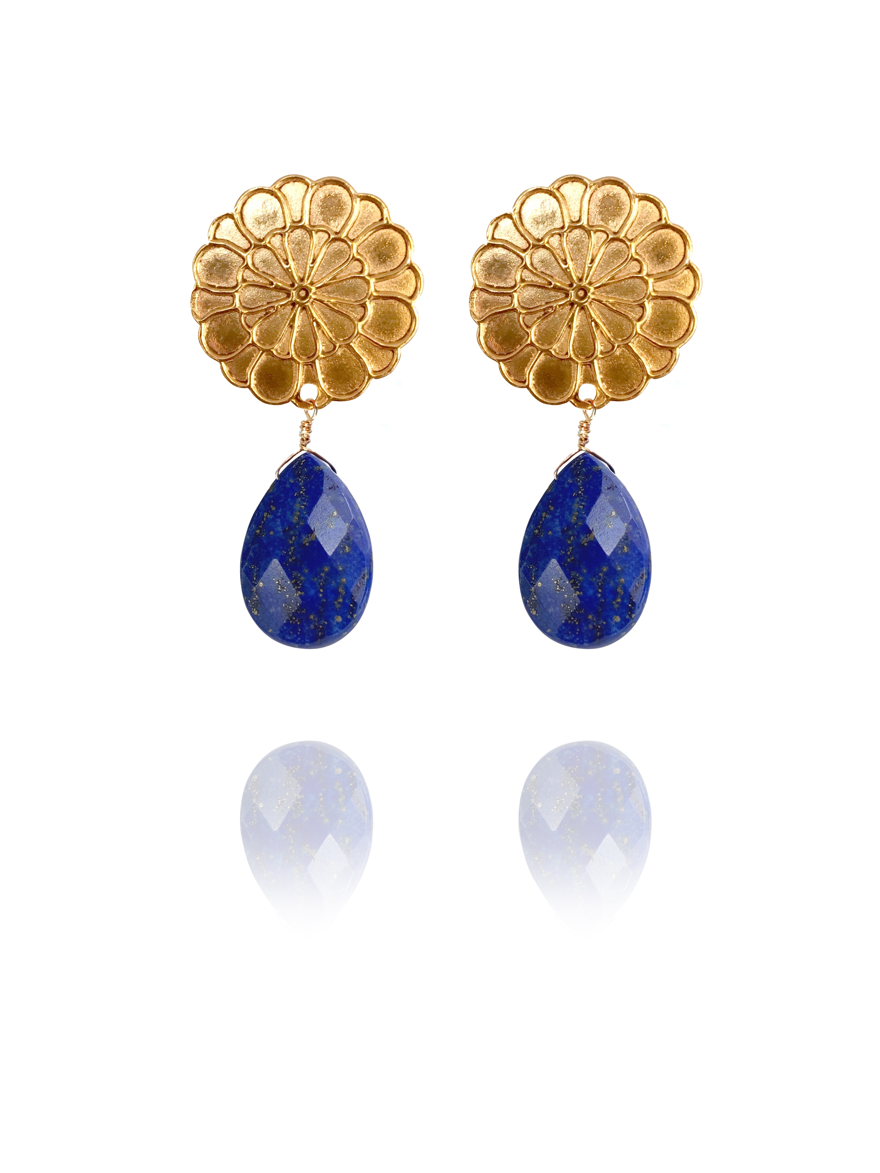 Assyrian flower lapis vermeil earrings G