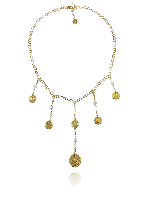 Coin necklace vermeil silver pearl pyrite