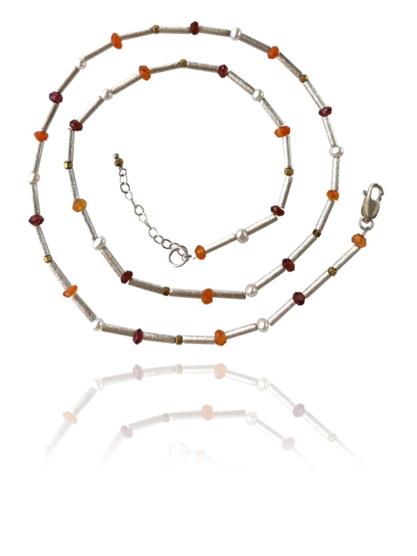 Stars necklace silver faceted carnelian garnet pyrite pearl 84233 1