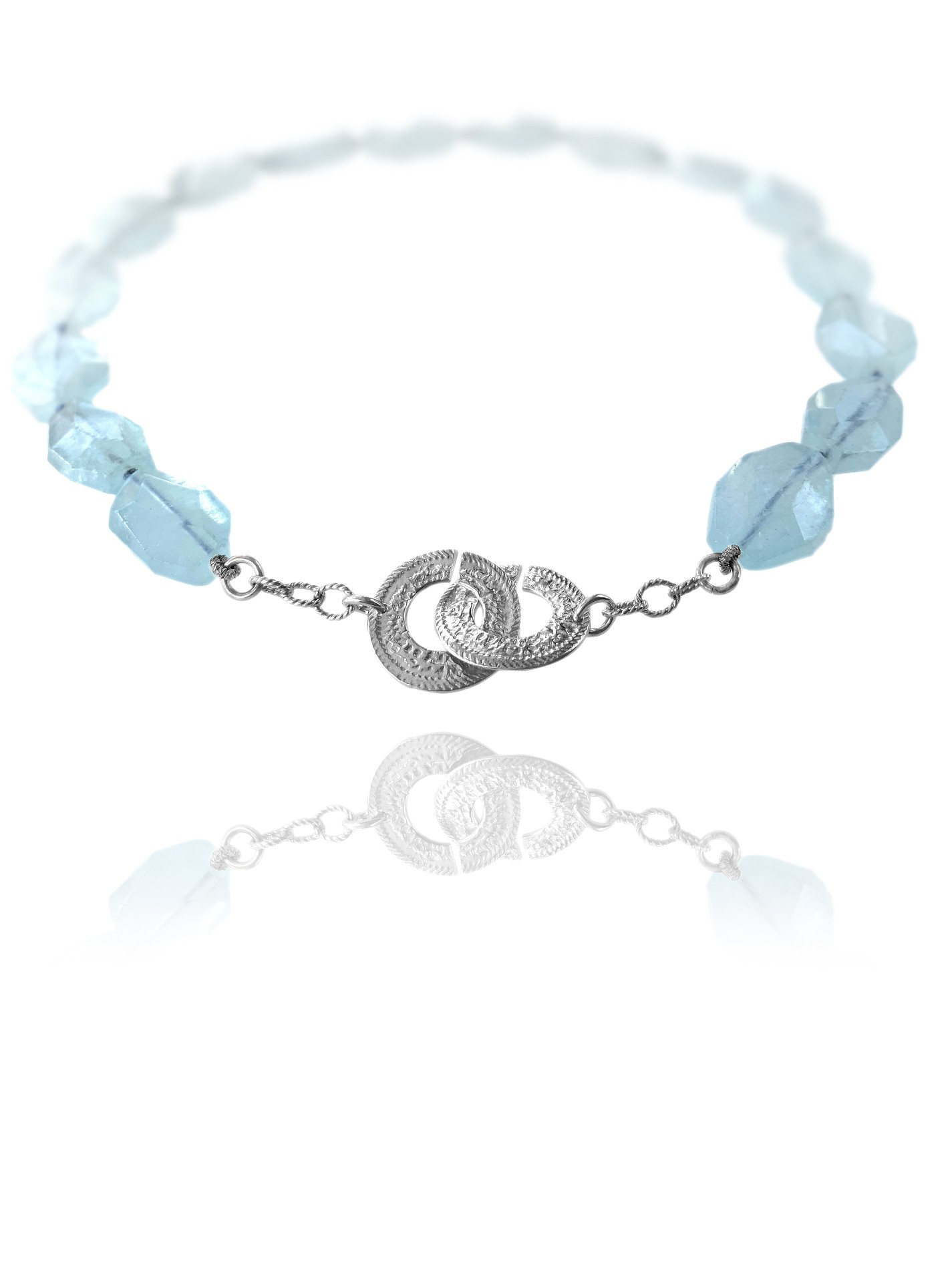 Unique Crescent necklace silver silk aquamarine
