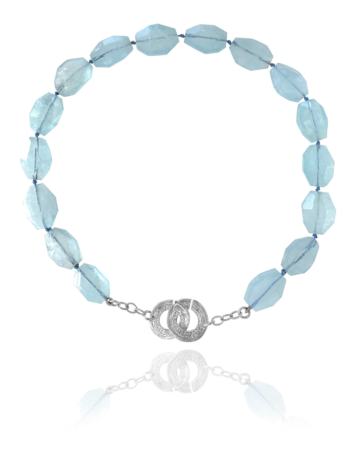 Unique Crescent necklace silver silk aquamarine