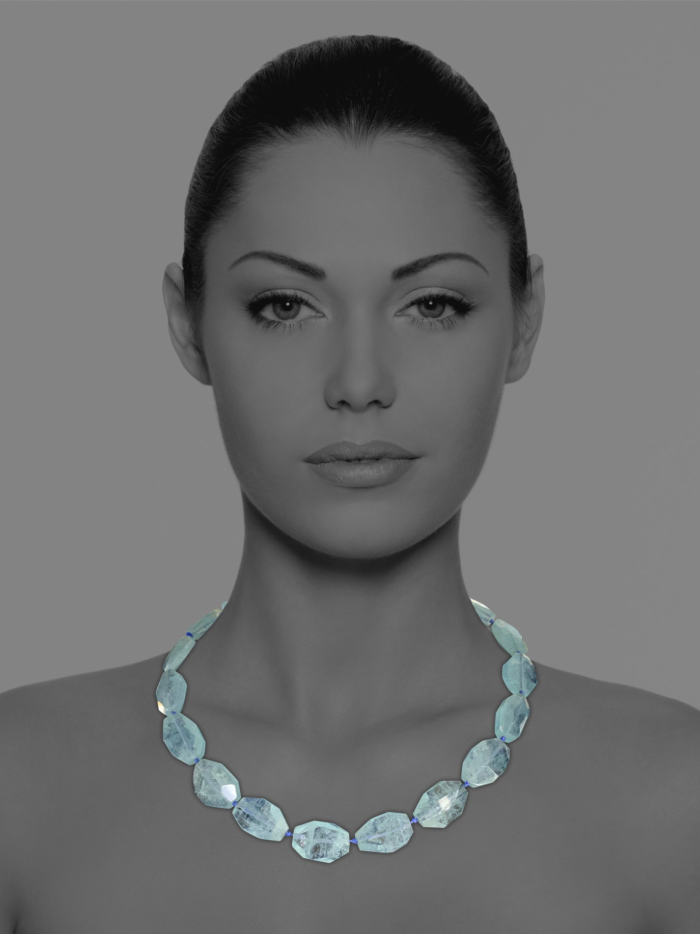 Unique Crescent necklace silver silk aquamarine