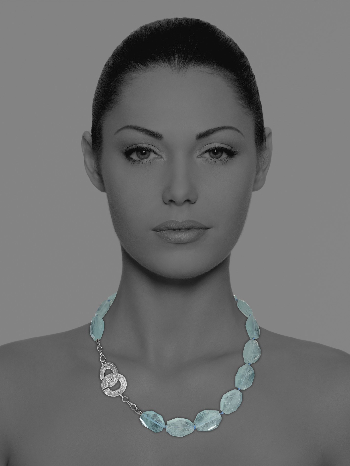 Unique Crescent necklace silver silk aquamarine