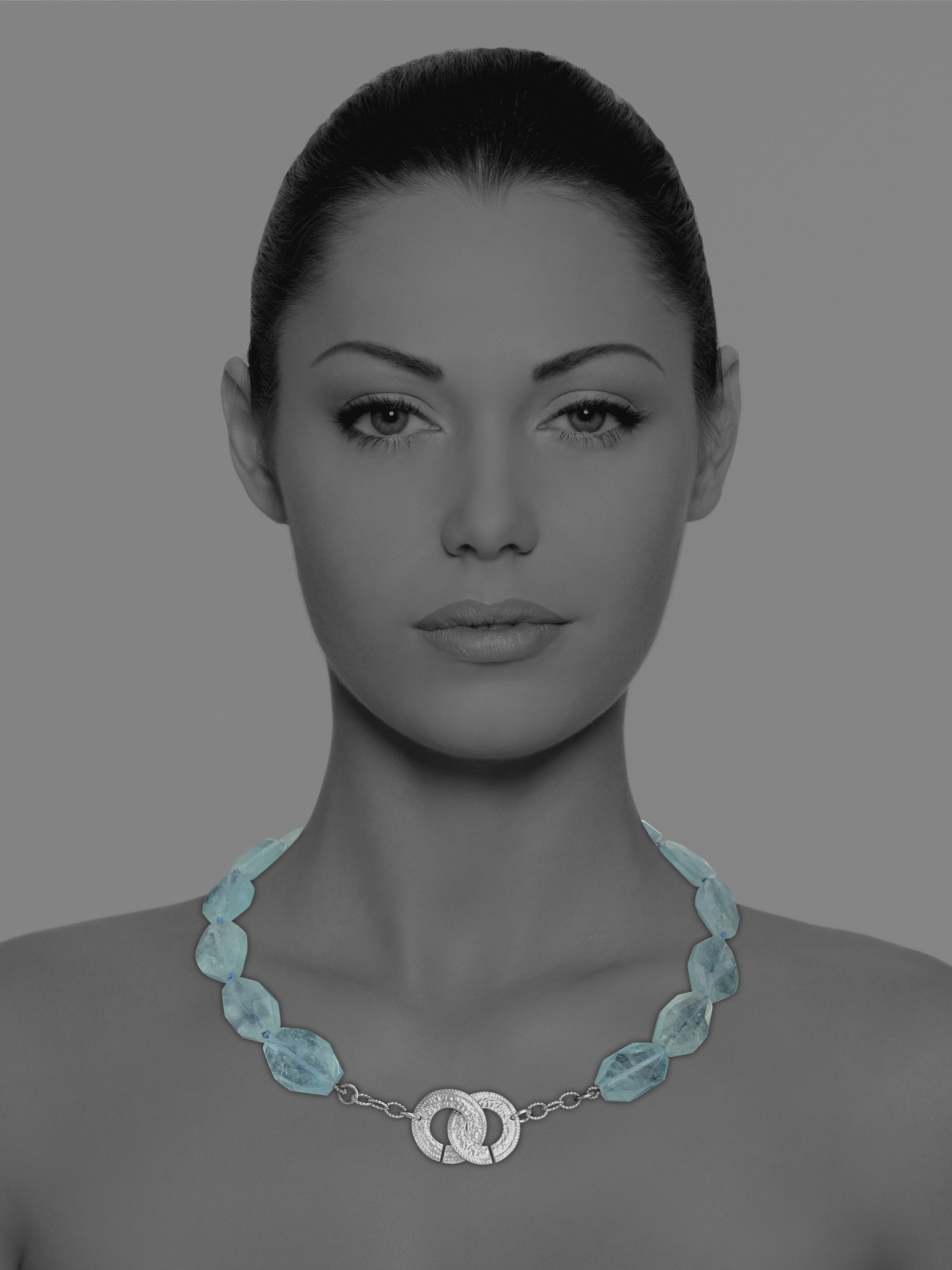 Unique Crescent necklace silver silk aquamarine