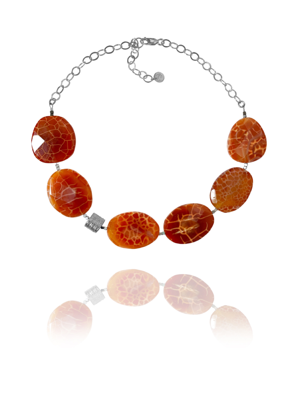 Bead necklace silver faceted burnt agate