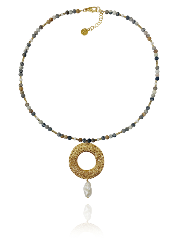 Bead necklace vermei silver jasper picasso pyrite pearl