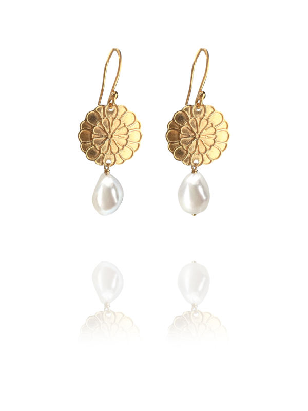 assyrian flower earrings pearl vermeil G