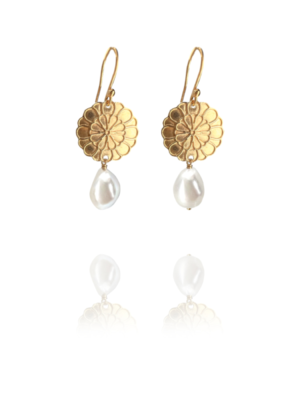 Assyrian Flower pearl vermeil earrings