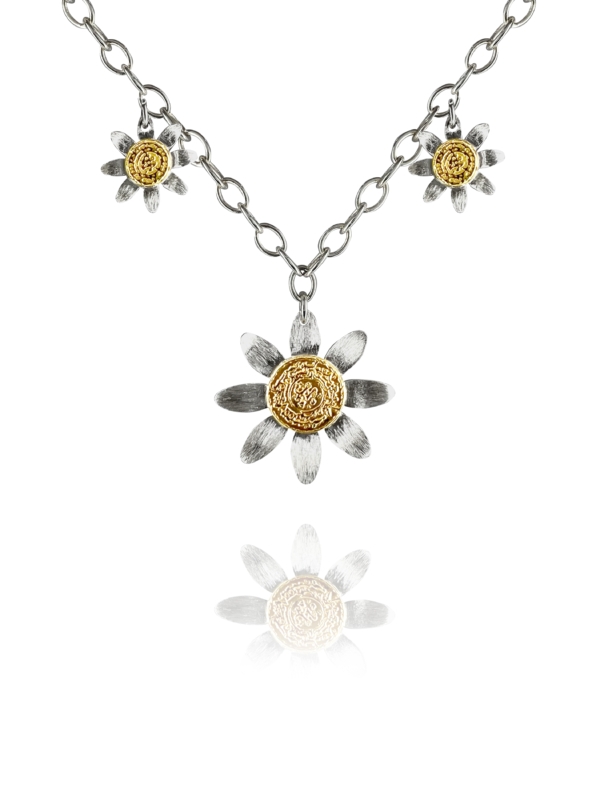 three flower coin necklace silver vermeil