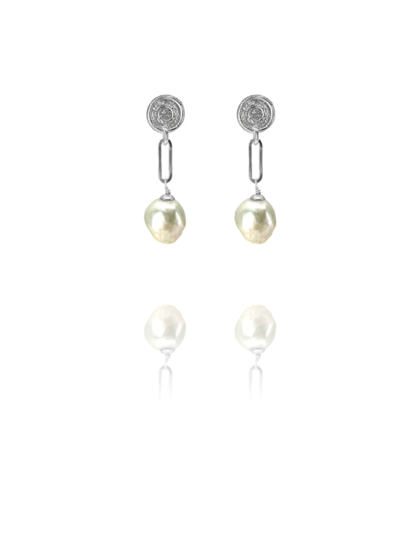 Coins pearl chain silver earrings