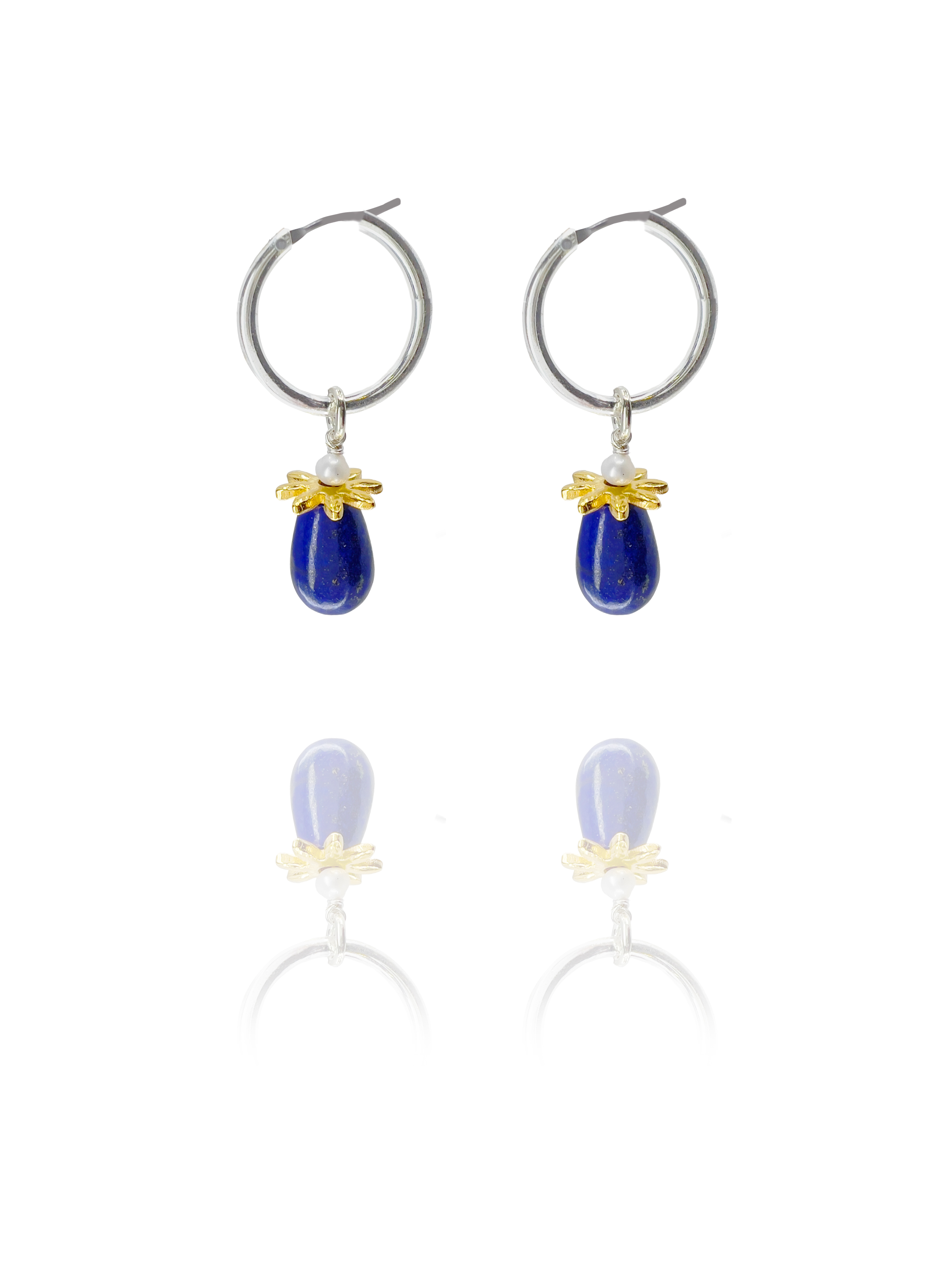 Persian rosette hoop earrings silver vermeil lapis pearl